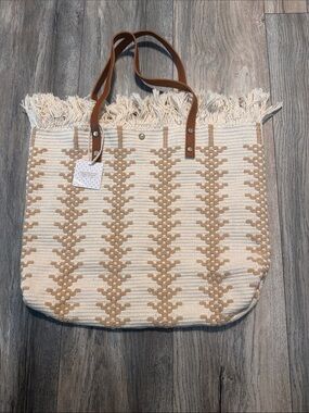Fringed Woven Tote Bag in Cream and Tan - Unbranded